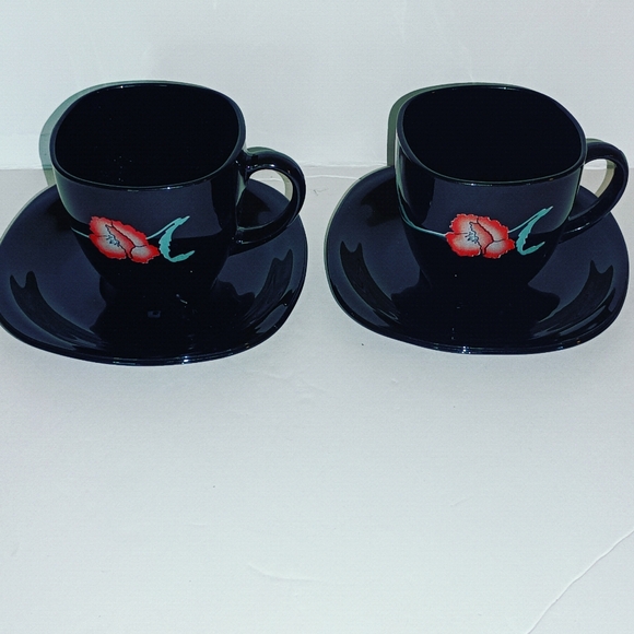 Arcoroc Other - Set of 2 Arcoroc France Floral  Black Glass Demitasse Espresso Cups Saucers Vtg